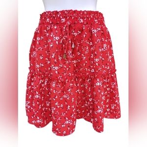 New! Red Ditsy Floral Print A Line Ruffle Skater Mini Skirt Size Small